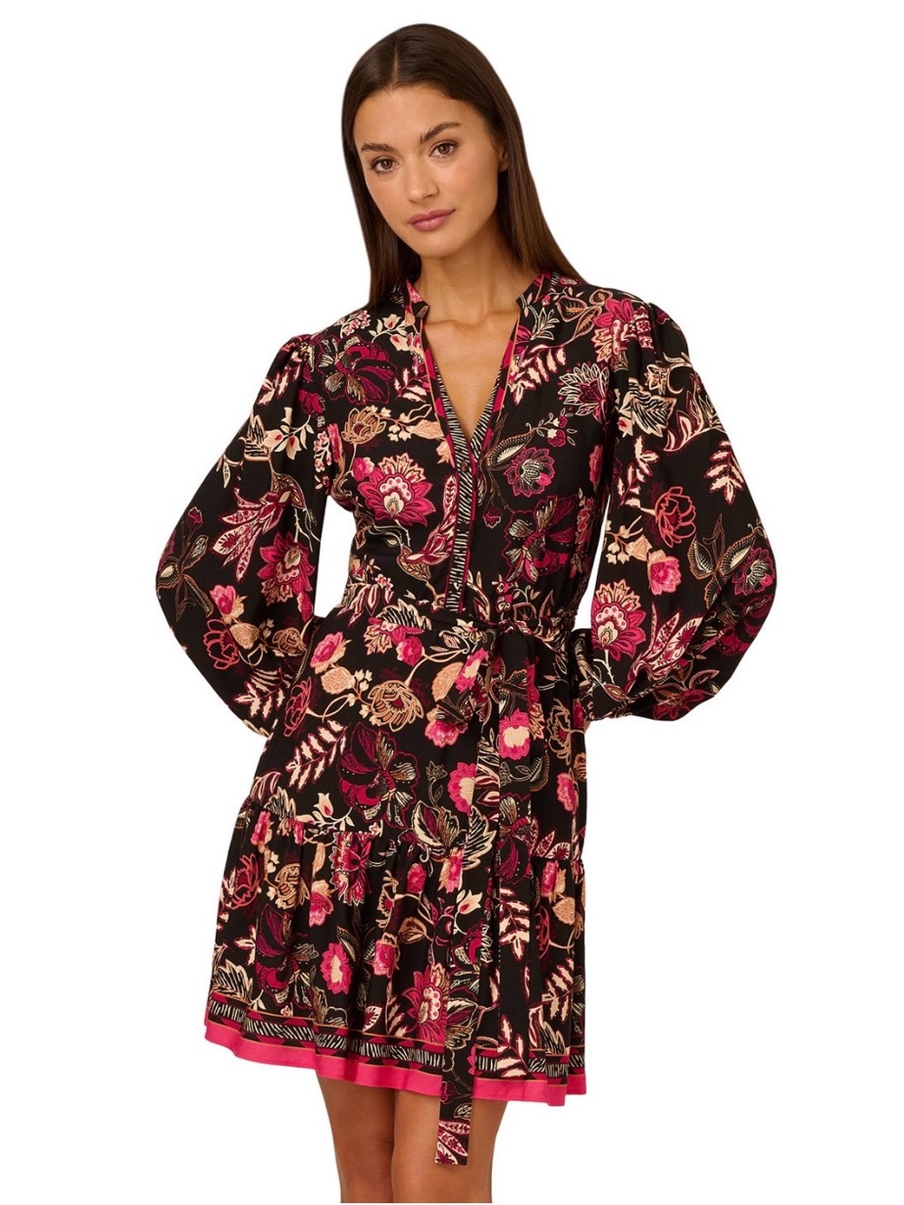 Adrianna Papell Black Floral Puff-Sleeve Mini Dress